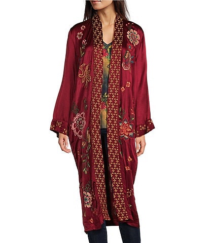 JOHNNY WAS Embroidered Messine Pocketed Open-Front Long Kimono Coat