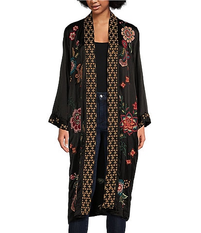 JOHNNY WAS Embroidered Messine Pocketed Open-Front Long Kimono Coat