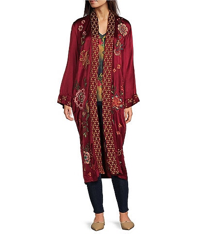 JOHNNY WAS Embroidered Messine Pocketed Open-Front Long Kimono Coat