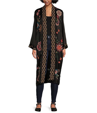 JOHNNY WAS Embroidered Messine Pocketed Open-Front Long Kimono Coat