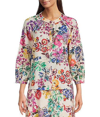 JOHNNY WAS Embroidery Pintuck Pleat Detail Mixed Floral Print V-Neck 3/4 Sleeve Cotton Coordinating Blouse