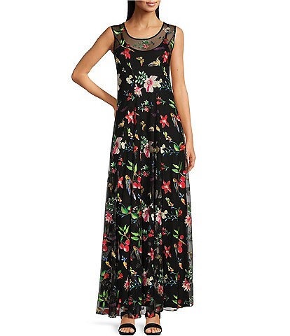 JOHNNY WAS Emilda Floral Embroidered Mesh Knit Scoop Neck Sleeveless A-Line Maxi Dress