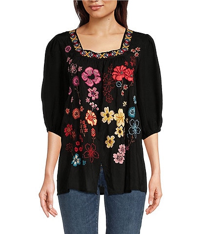 JOHNNY WAS Ennoki Placement Floral Embroidery Square Neck 3/4 Sleeve Blouse
