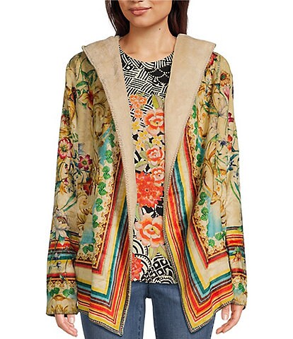 JOHNNY WAS Felix Floral Scarf Print Sherpa Knit Long Sleeve Open-Front Hooded Jacket