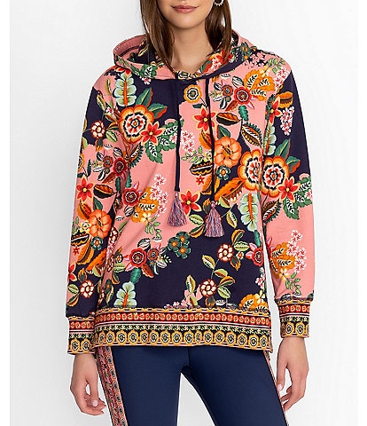 JOHNNY WAS Floral Print Cotton Stretch Knit Long Sleeve Tassel Detail Hoodie