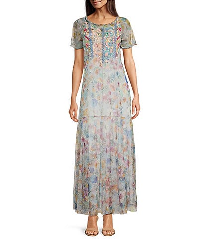 JOHNNY WAS Floral Print Mesh Knit Crew Neck Short Sleeve A-Line Maxi Dress