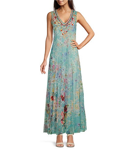 JOHNNY WAS Forever Flower Embroidered Mesh V-Neck Sleeveless A-Line Maxi Dress