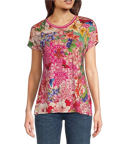JOHNNY WAS Frame Relaxed Bamboo Stretch Knit Floral Print Crew Neck Short Dolman Sleeve Tee Shirt