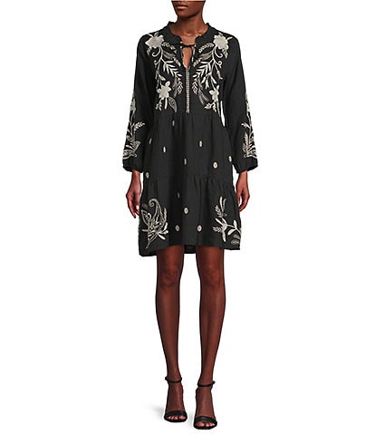 JOHNNY WAS Frankie Floral Embroidered Linen Long Sleeve Tiered A-Line Dress
