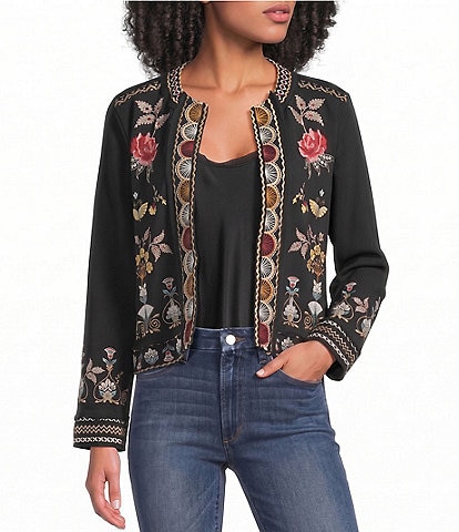 JOHNNY WAS French Terry Embroidered Long Sleeve Open-Front Jacket