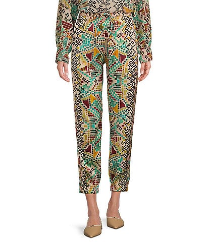 JOHNNY WAS Genora Paneled Printed Woven Silk Drawstring Waist Jogger Ankle Pull-On Pant