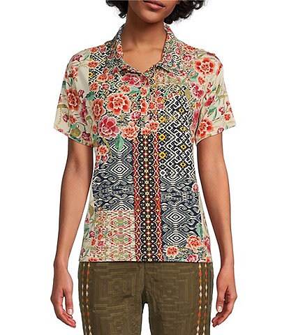 JOHNNY WAS Masquarade Geo Print and Floral Embroidered Silk Point