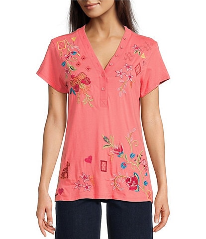 JOHNNY WAS Georgia Floral Embroidered Cotton Knit Button Detail V-Neck Short Sleeve Tee