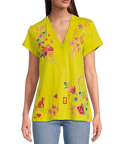 JOHNNY WAS Georgia Floral Embroidered Cotton Knit Button Detail V-Neck Short Sleeve Tee