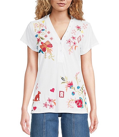 JOHNNY WAS Georgia Floral Embroidered Cotton Knit Button Detail V-Neck Short Sleeve Tee