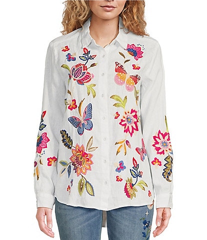 JOHNNY WAS Gracey Floral Embroidered Linen Blend Point Collar Long Sleeve Button-Front Shirt