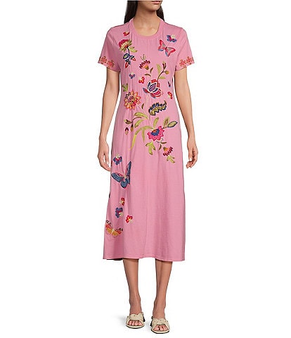 JOHNNY WAS Gracey Knit Embroidered Placement Floral Motif Short Sleeve A-Line Midi Dress