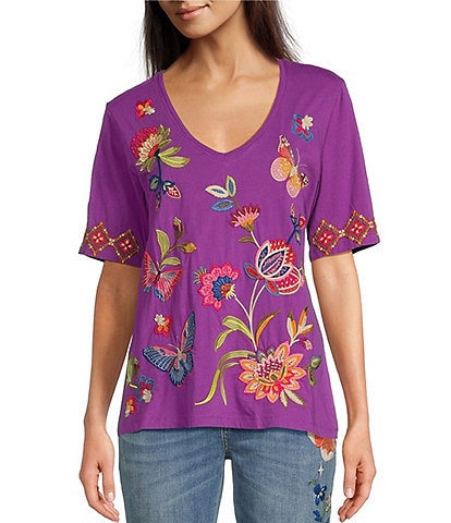 JOHNNY WAS Gracey Knit Jersey V-Neck Short Sleeve Floral Embroidery Top