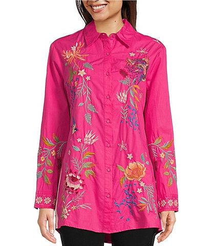 JOHNNY WAS Indalo Embroidered Cotton Point Collar Long Sleeve Button-Front Big Shirt