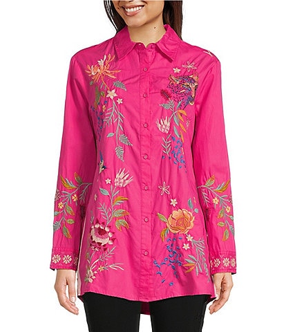 JOHNNY WAS Indalo Embroidered Cotton Point Collar Long Sleeve Button-Front Big Shirt