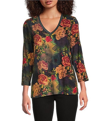 JOHNNY WAS Janie Bamboo Knit Floral Print V-Neck 3/4 Sleeve Relaxed Tee