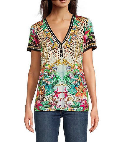 JOHNNY WAS Janie Favorite Animal & Floral Print Knit Jersey Henley V-Neck Short Sleeve Tee Shirt