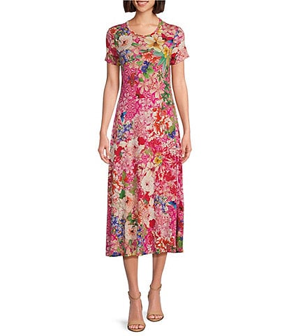JOHNNY WAS Janie Favorite Bamboo Knit Floral Print Crew Neck Cap Sleeve Midi Shift Dress