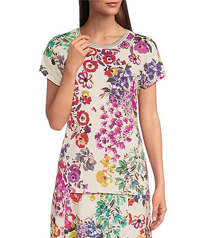 JOHNNY WAS Janie Favorite Floral Print Knit Crew Neck Short Dolman Sleeve Coordinating Tee