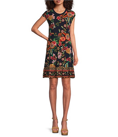 JOHNNY WAS Janie Favorite Floral Print Knit Jersey Crew Neck Sleeveless Tiered Hem A-Line Dress