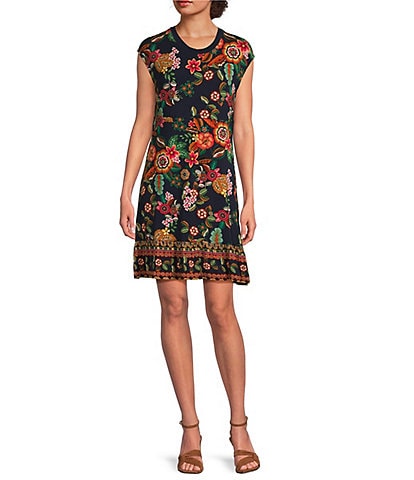 JOHNNY WAS Janie Favorite Floral Print Knit Jersey Crew Neck Sleeveless Tiered Hem A-Line Dress