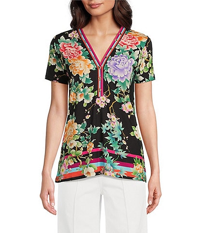 JOHNNY WAS Janie Favorite Le Jardin Floral Scarf Print Bamboo Knit Jersey V-Neck Tee Shirt