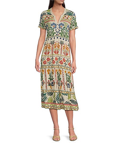 JOHNNY WAS Janie Favorite Mixed Floral Printed Knit Henley Neck Short Sleeve Tiered Midi Dress