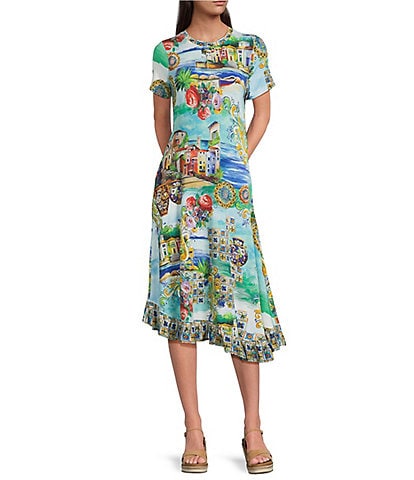 JOHNNY WAS Janie Favorite Scenic Print Knit Crew Neck Short Sleeve Asymmetrical Hem Midi Dress