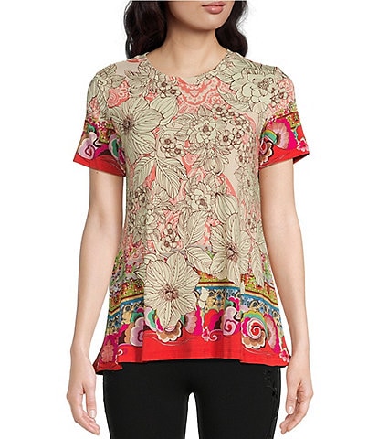 JOHNNY WAS Janie Favorite Sketched Floral Bamboo Knit Jersey Crew Neck Short Sleeve Swing Tee