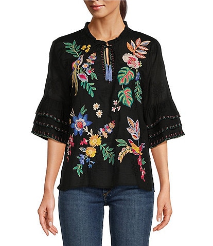 JOHNNY WAS Jeanette Embroidered Floral Split V-Neck 3/4 Ruffle Sleeve Cotton Blouse