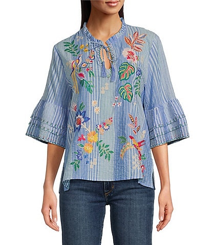JOHNNY WAS Jeanette Embroidered Floral Stripe Print Split V-Neck 3/4 Ruffle Sleeve Blouse