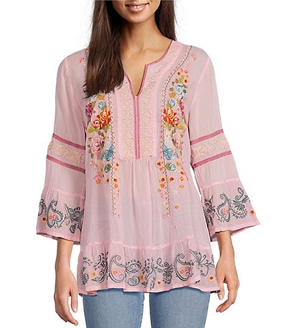 JOHNNY WAS Jojo Embroidered Woven Split V-Neck 3/4 Bell Sleeve Tunic