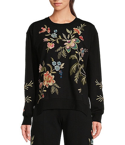 JOHNNY WAS Julianna Embroidered Placement Floral Crew Neck Long Sleeve Sweatshirt