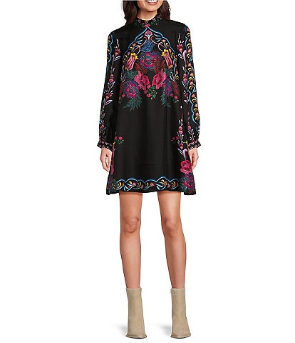 JOHNNY WAS Kalova Exotic Placement Print Silk-Blend Band Collar Long Sleeve Shift Dress