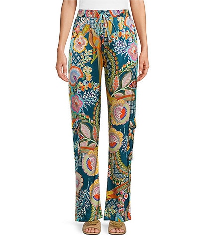 JOHNNY WAS Kelly Flora & Fauna Print Stretch Silk Pull-On Coordinating Cargo Pants