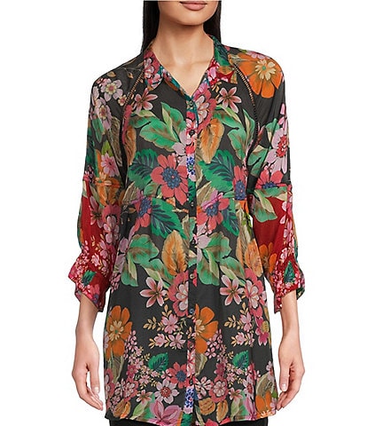 JOHNNY WAS Lapham Adonia Floral Bouquet Print Point Collar 3/4 Puff Sleeve Button-Front Tunic