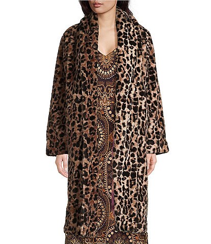 JOHNNY WAS Leopard Print Faux Fur Long Sleeve Open-Front Long Jacket
