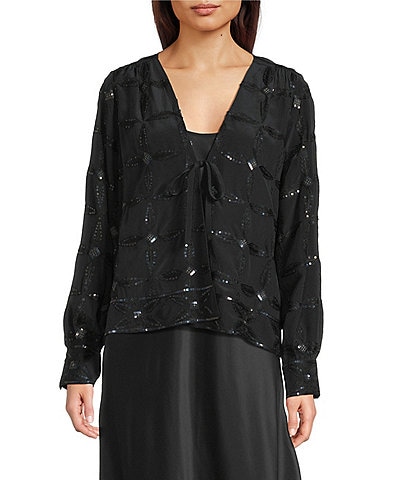 JOHNNY WAS Lesley Sequin Embellished Textured Woven Long Sleeve Tie-Front Jacket