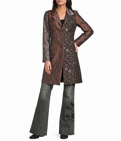 JOHNNY WAS Limited Edition Jacquard Mixed Floral Patchwork Notch Collar Long Sleeve Snap-Front Long Jacket
