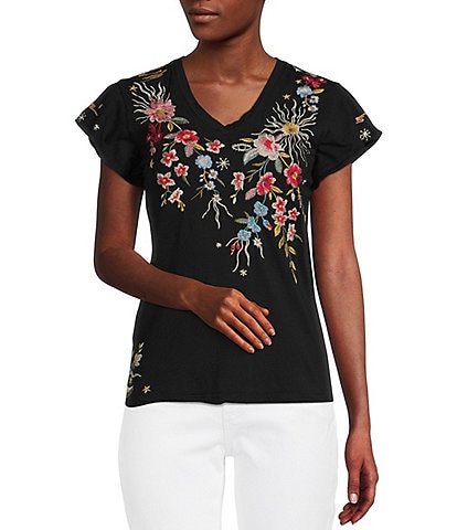 JOHNNY WAS Lissa Embroidered Floral Print Cotton Knit Jersey V-Neck Short Flutter Sleeve Tee Shirt