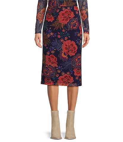 JOHNNY WAS Lizandrea Floral Print Mesh Knit Pencil Skirt