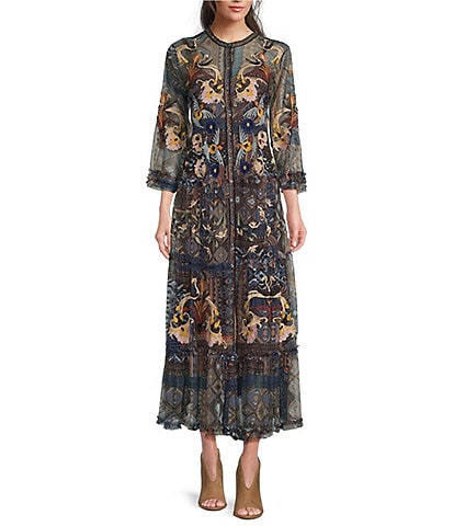 JOHNNY WAS Loane Floral and Bird Placement Embroidery Printed Mesh Knit 3/4 Sleeve Tiered Maxi Shirt Dress