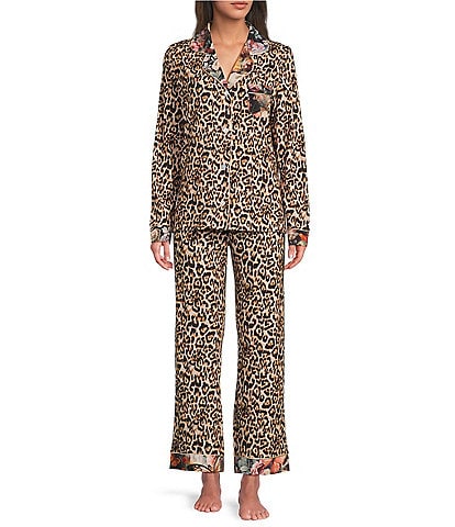 JOHNNY WAS Long Sleeve Notch Collar Knit Leopard Print Long Pajama Set