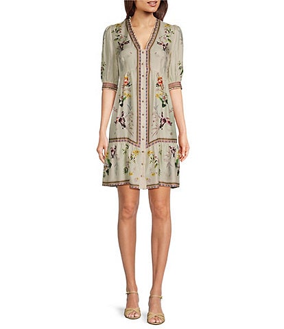 JOHNNY WAS Loren Floral Border Print Silk-Blend V-Neck Elbow Sleeve A-Line Dress