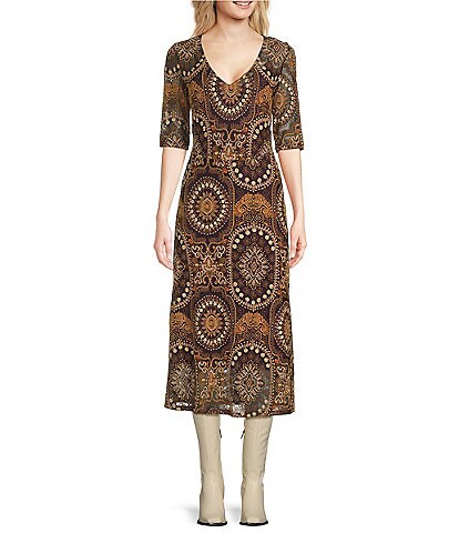 JOHNNY WAS Loving Is Easy Embroidered Printed Mesh V-Neck Elbow Sleeve A-Line Midi Dress